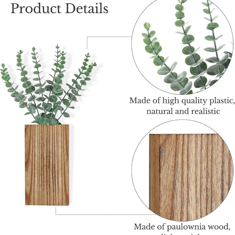 2 Pack Wood Wall Planter Vase with Artificial Eucalyptus Farmhouse Wall Hanging - Picture 5 of 5